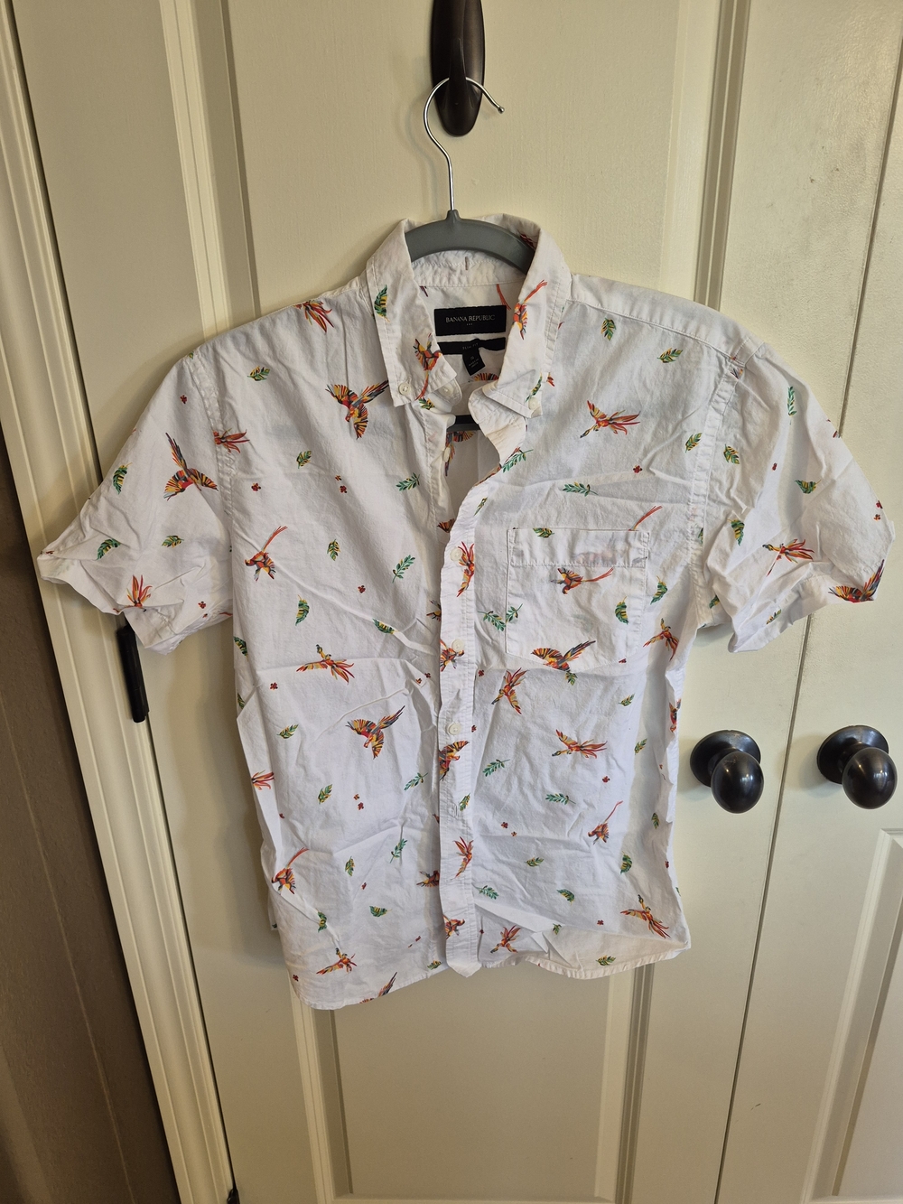 Banana Republic White Short-Sleeve Shirt with Orange & Green Bird Print